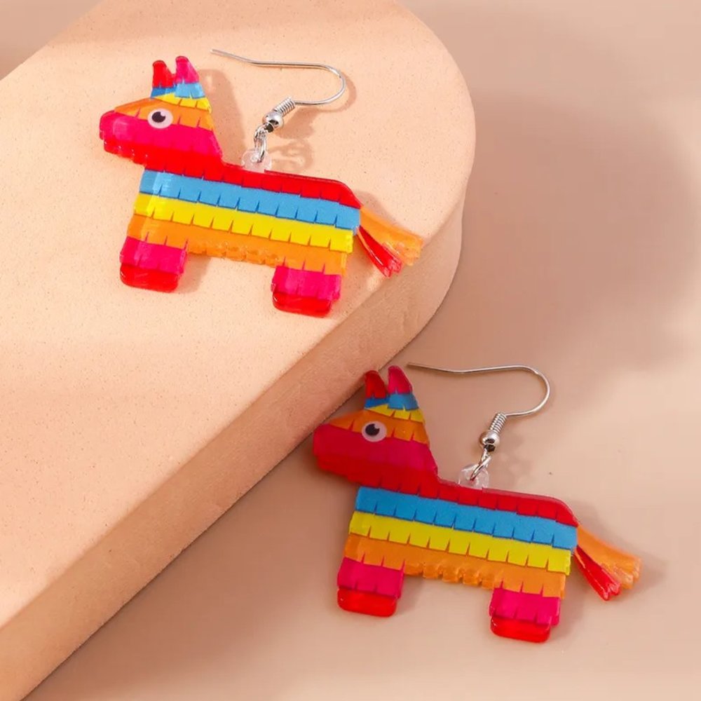 Colorful Festive Pinata Donkey Horse Fiesta Acrylic Earrings NEW - Picture 3 of 8